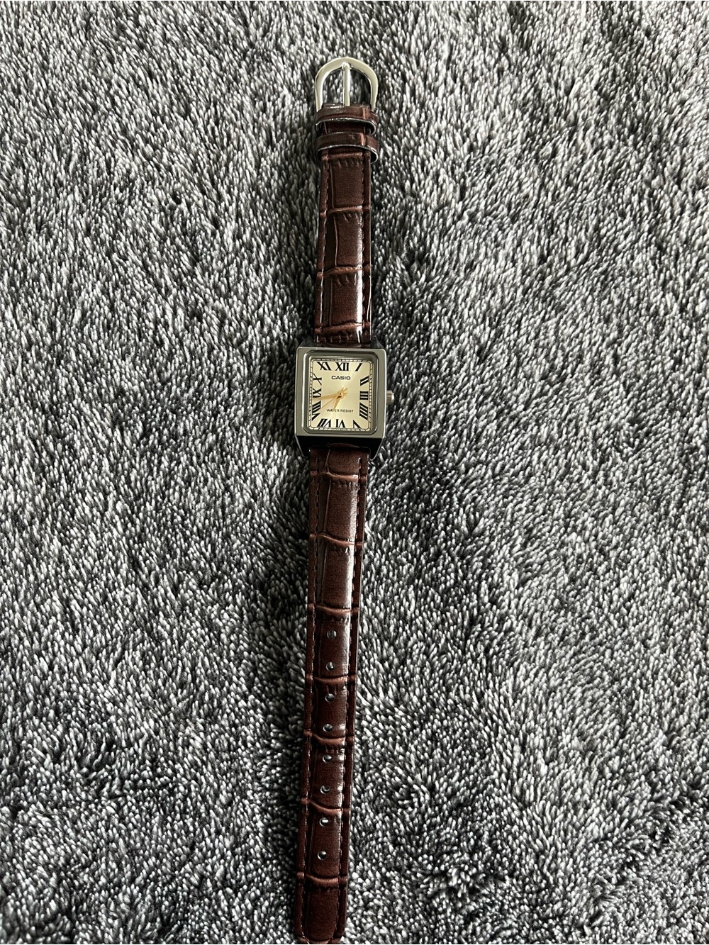 Casio Brown Leather Strap Watch with Silver-Tone Square Case and Cream Dial